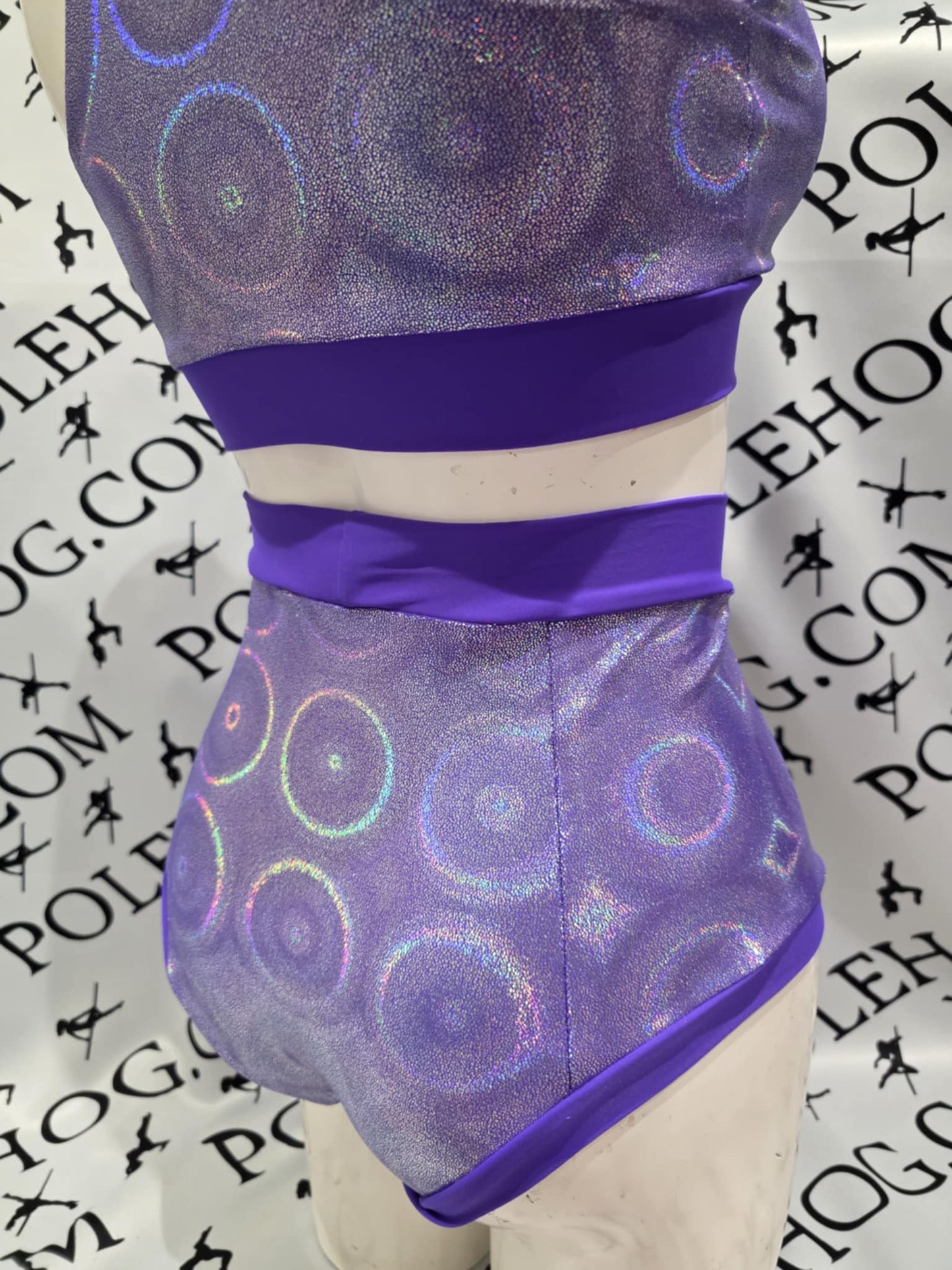 Purple disco high waisted fitted pant. Full