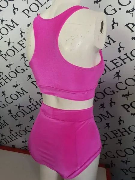 Bright pink smooth high waisted fitted pant.