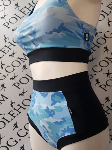 Blue camo black side high waisted panel pant