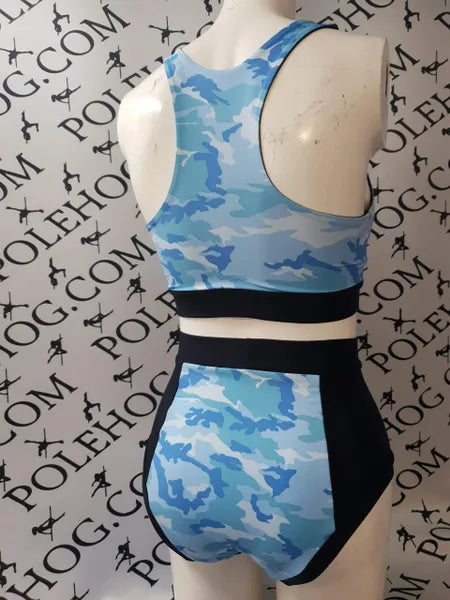 Blue camo black side high waisted panel pant