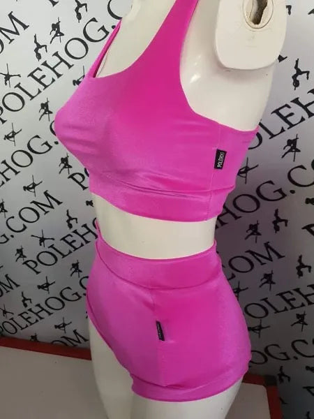 Bright pink smooth high waisted fitted pant.