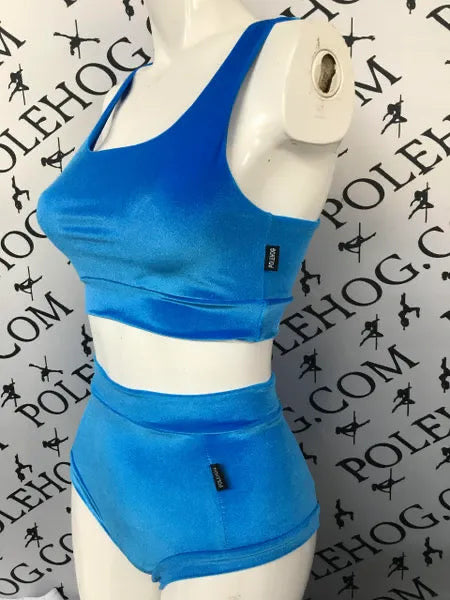 Blue smooth high waisted fitted pant.