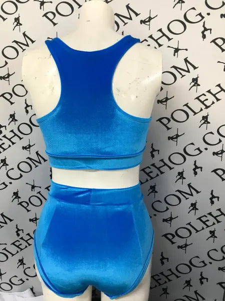 Blue smooth high waisted fitted pant.