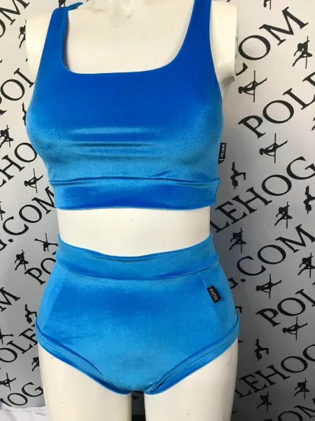 Blue smooth high waisted fitted pant.