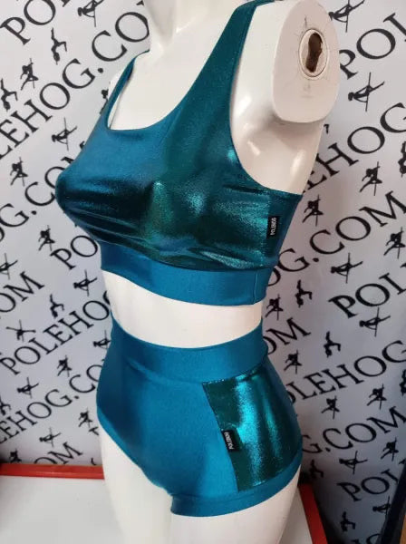 Deep teal shine high waisted panel pant side