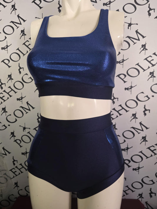 Deep blue shine high waisted panel pant side
