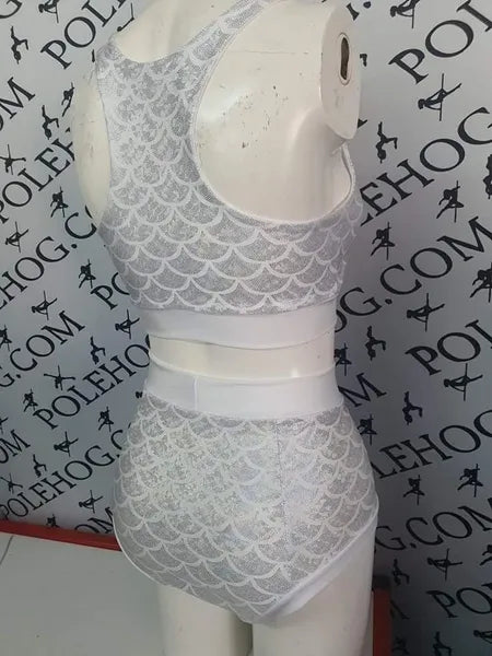 White holographic mermaid high waisted panel pant