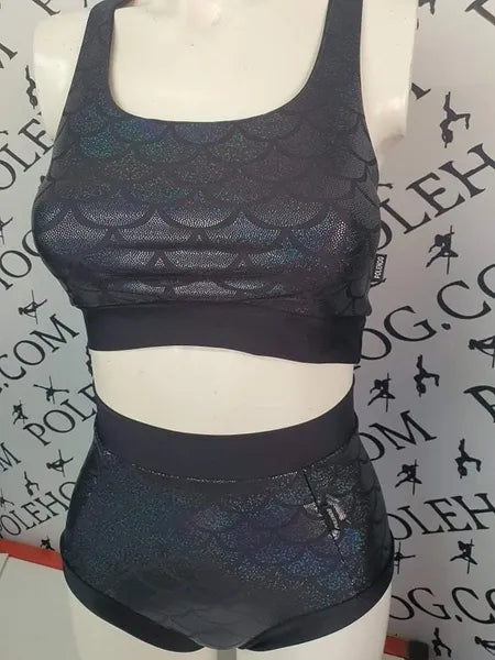 Black holographic mermaid high waisted panel pant