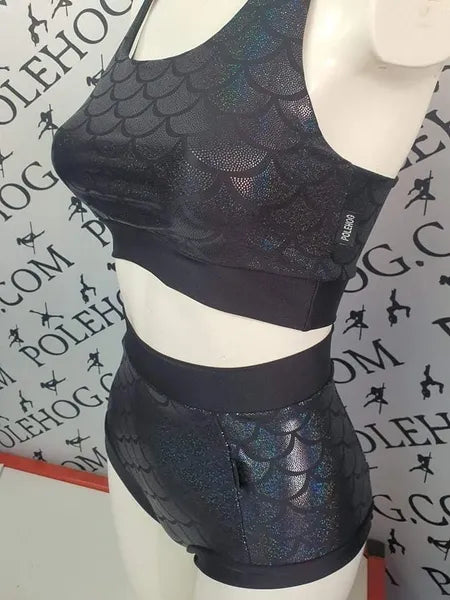 Black holographic mermaid high waisted panel pant