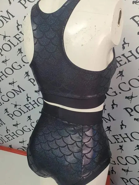 Black holographic mermaid high waisted panel pant