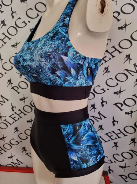 Blue fantasy flowers with foil side high waisted panel pant