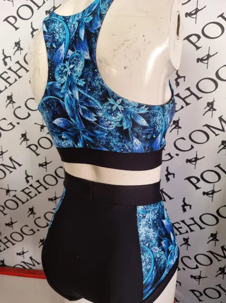 Blue fantasy flowers with foil side high waisted panel pant