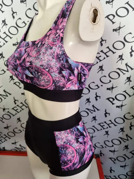 Pink fantasy flowers with foil side high waisted panel pant