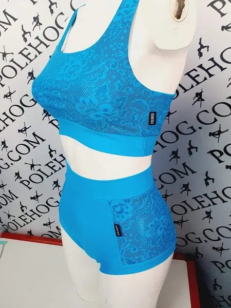 Blue foil lace high waisted panel pant (side)