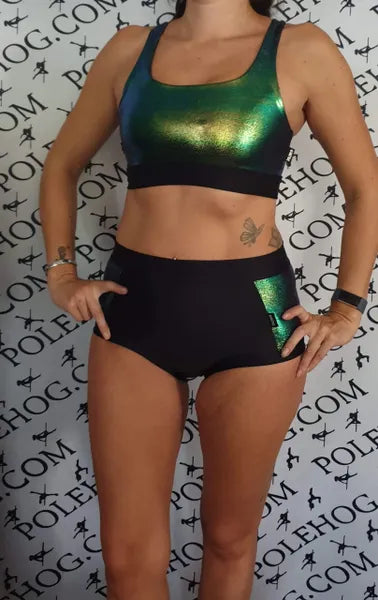 Petrol high waisted panel pant (side)