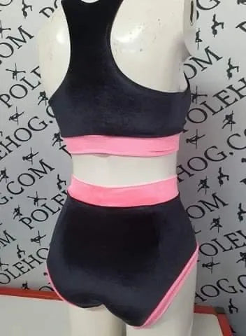 Black smooth with coral bands velvet high waisted fitted pant.