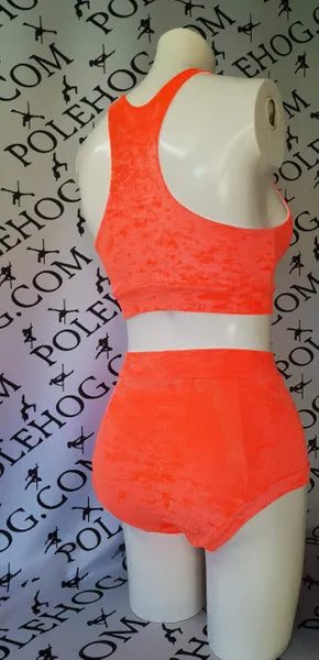 Flo orange crushed high waisted fitted pant.