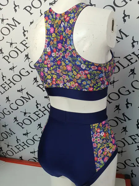 Navy wildflower high waisted panel pant (side)