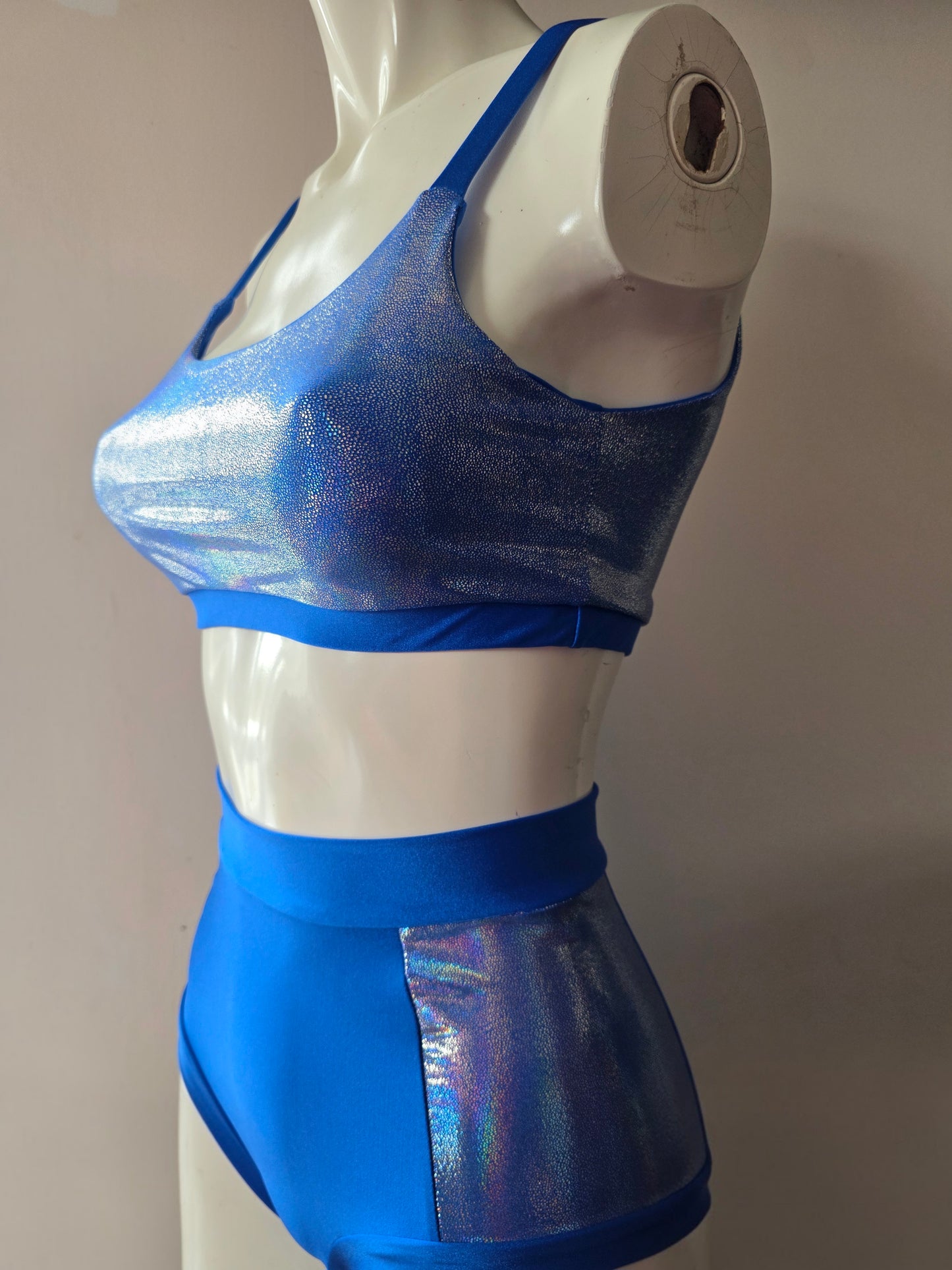 Blue lazer high waisted panel pant (side)