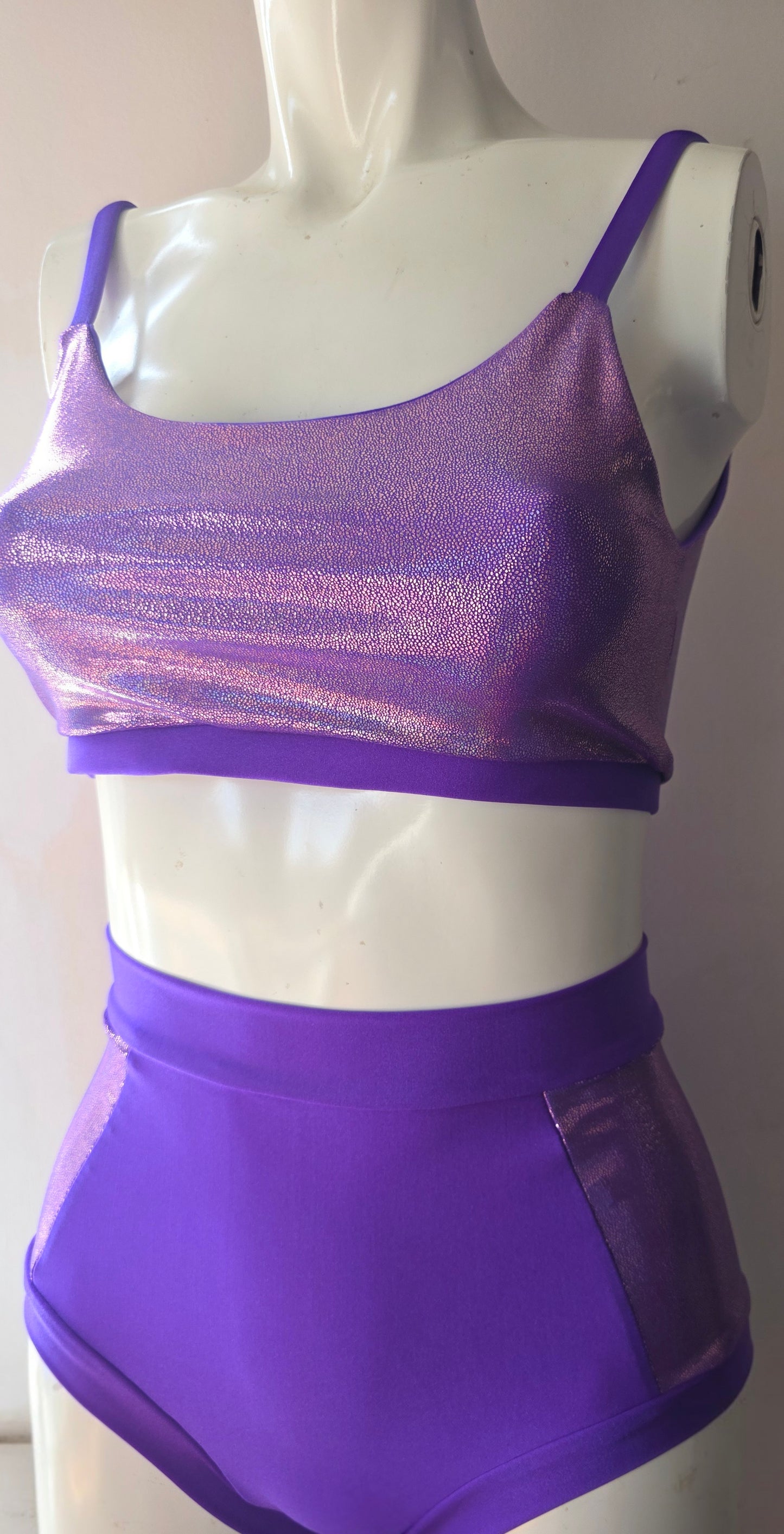 Purple lazer high waisted panel pant (side)