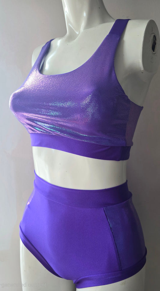 Purple mermaid lazer high waisted panel pant (side)