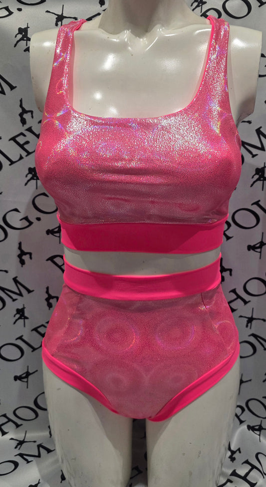 Coral disco high waisted fitted pant. Full