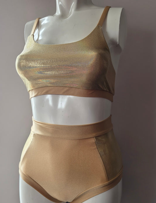 Gold lazer high waisted panel pant (side)