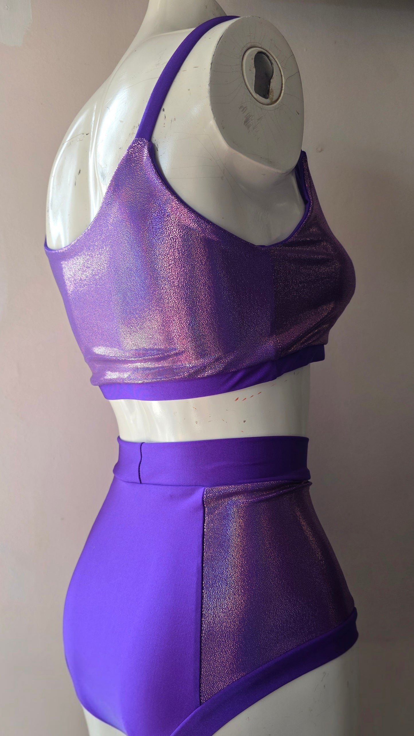 Purple lazer high waisted panel pant (side)