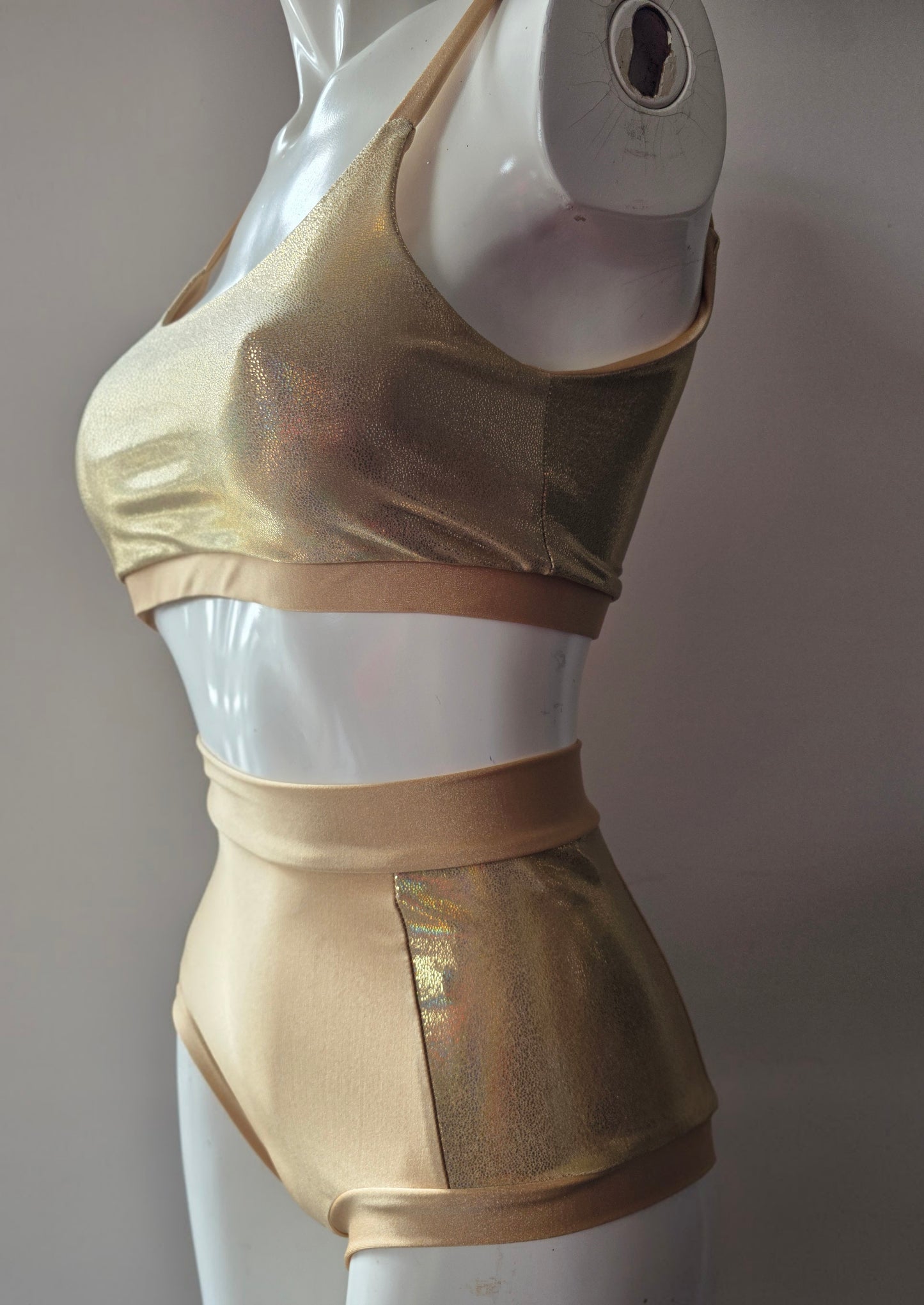 Gold lazer high waisted panel pant (side)