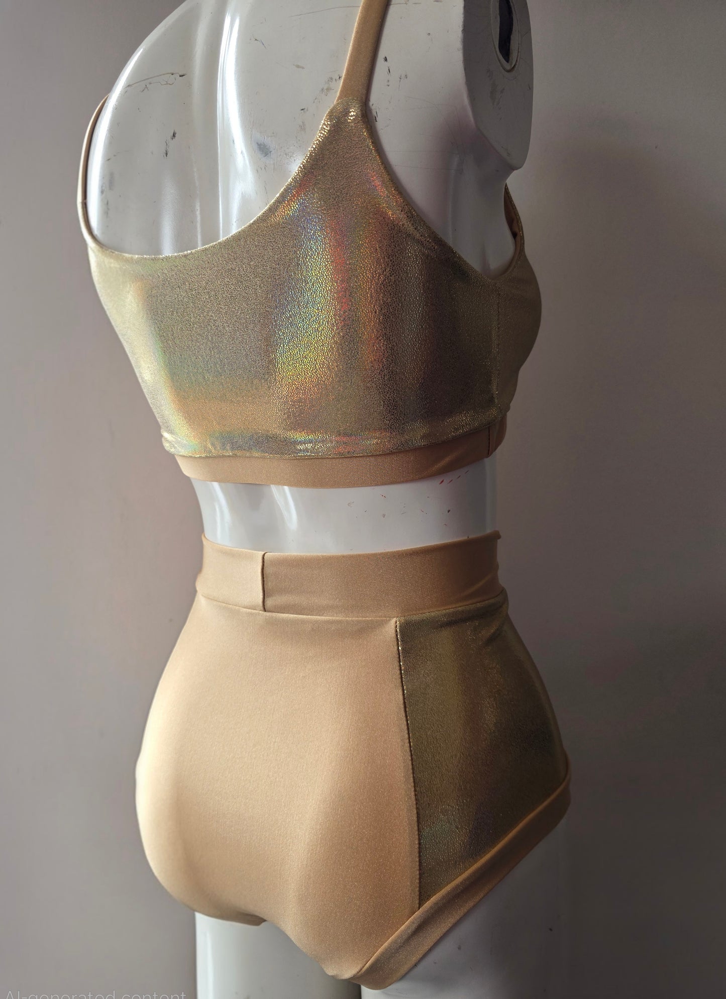 Gold lazer high waisted panel pant (side)