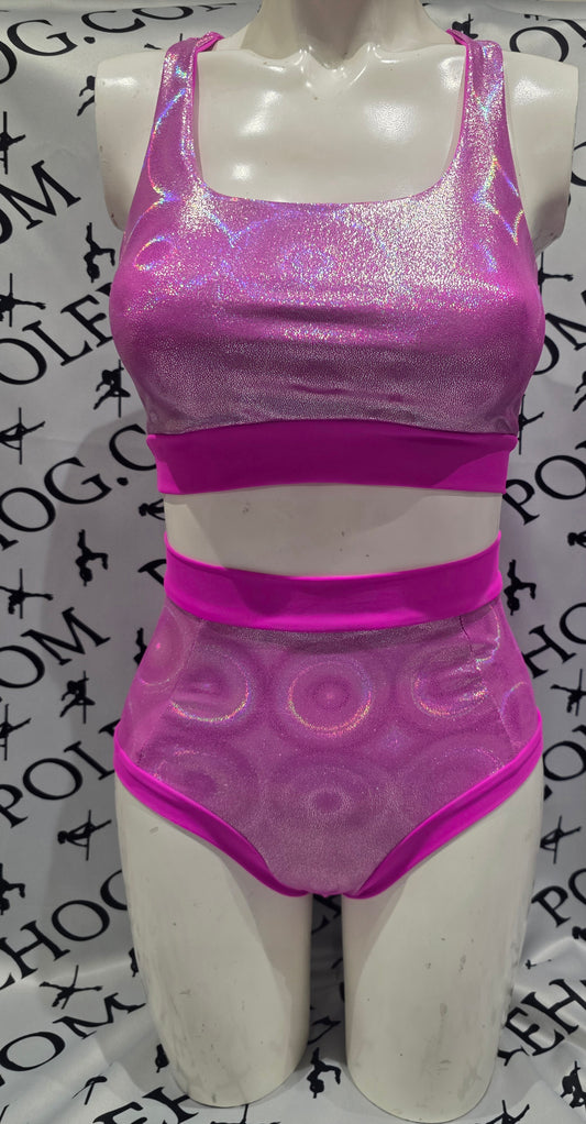 Hawaiian pink disco high waisted fitted pant. Full