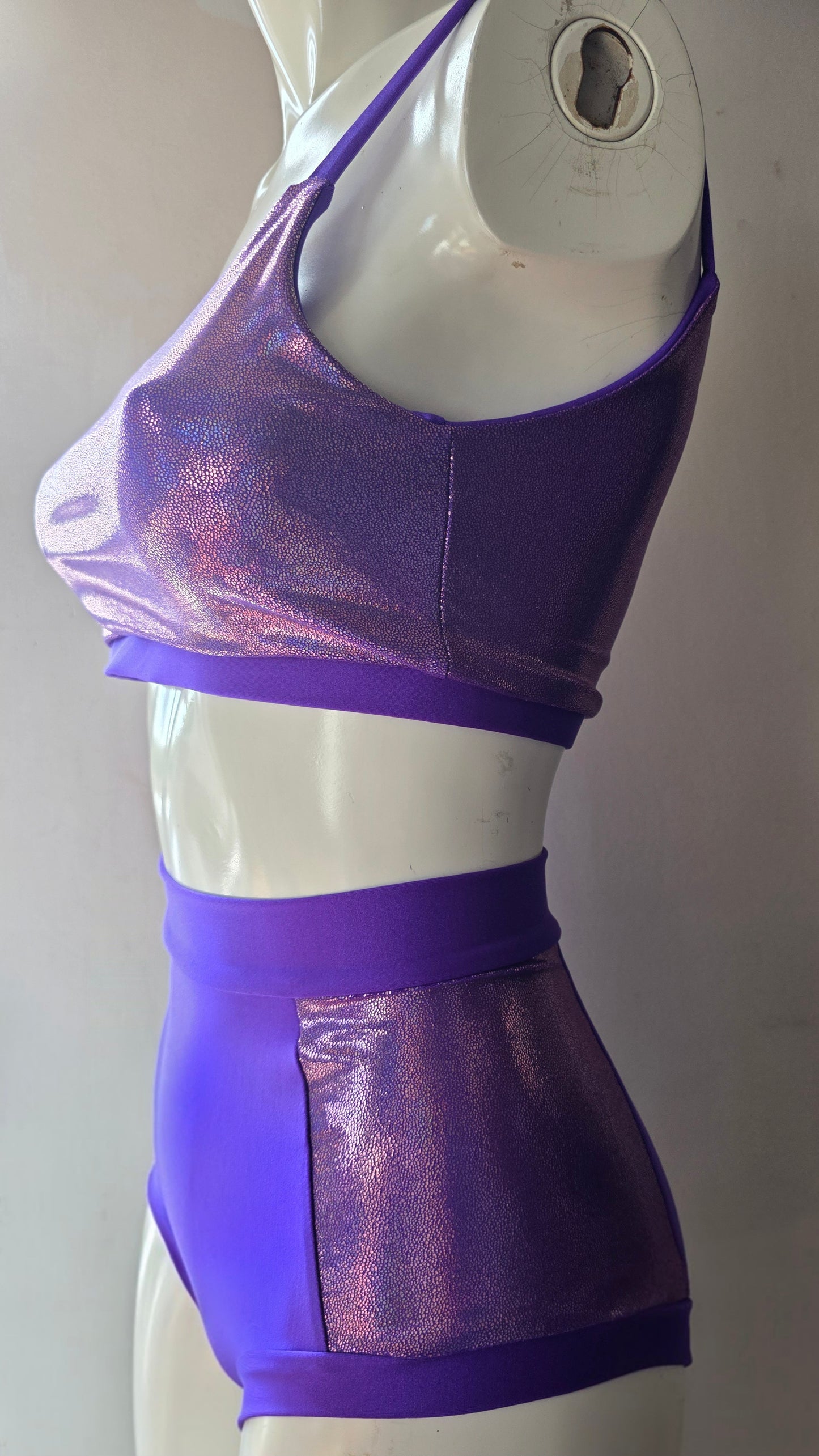 Purple lazer high waisted panel pant (side)