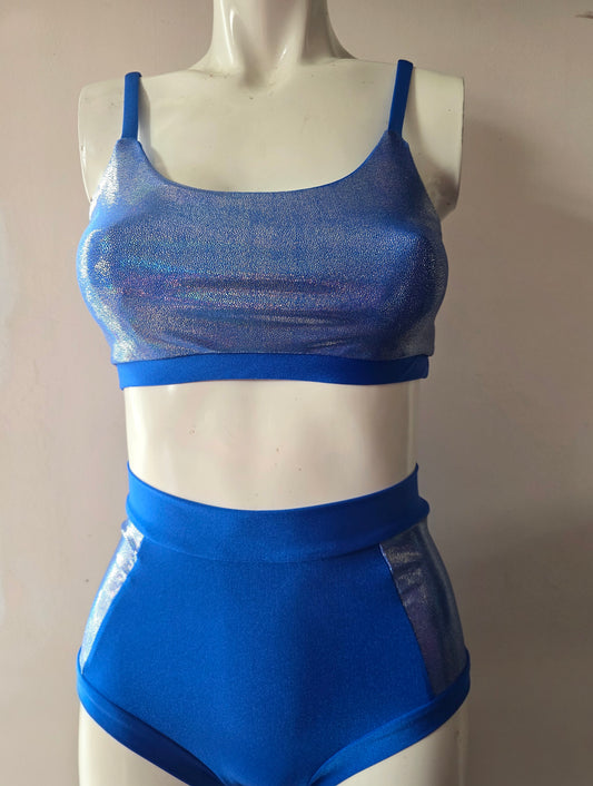 Blue lazer high waisted panel pant (side)