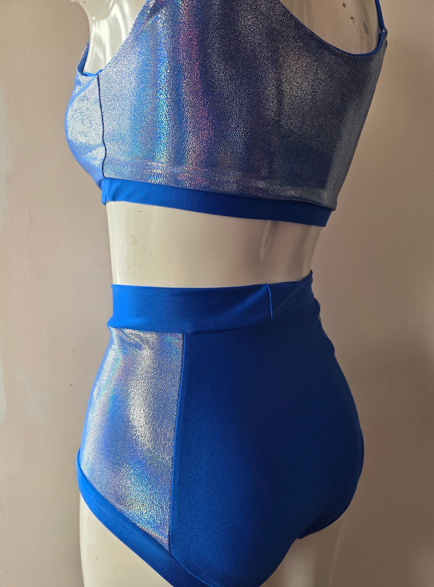 Blue lazer high waisted panel pant (side)