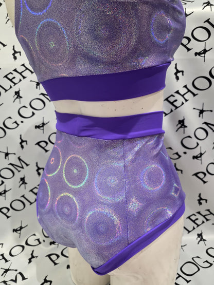 Purple disco high waisted fitted pant. Full