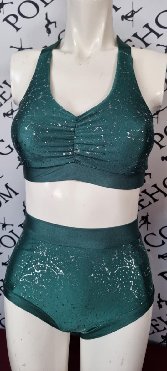 Green constellation twinkle high waisted fitted pant.