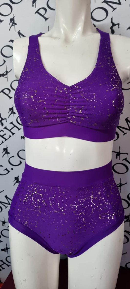 Purple constellation twinkle high waisted fitted pant.