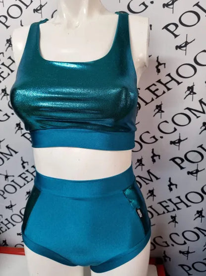 Deep teal shine high waisted panel pant (side)