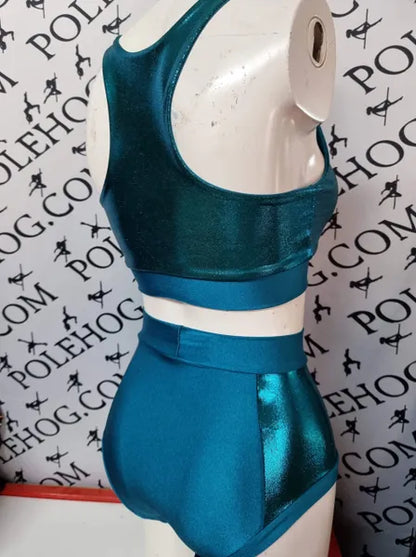 Deep teal shine high waisted panel pant (side)