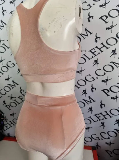 Blush velvet high waisted fitted pant.