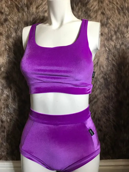 Purple smooth high waisted fitted pant.