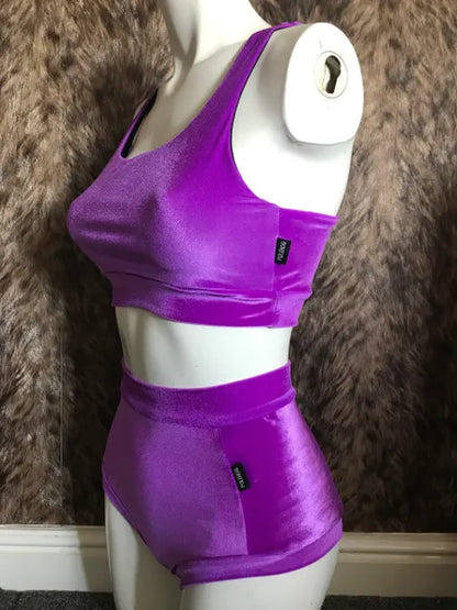 Purple smooth high waisted fitted pant.