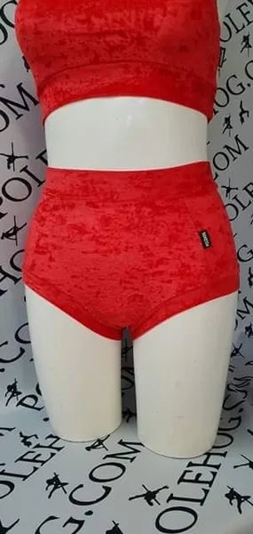 Bright red crushed high waisted fitted pant.