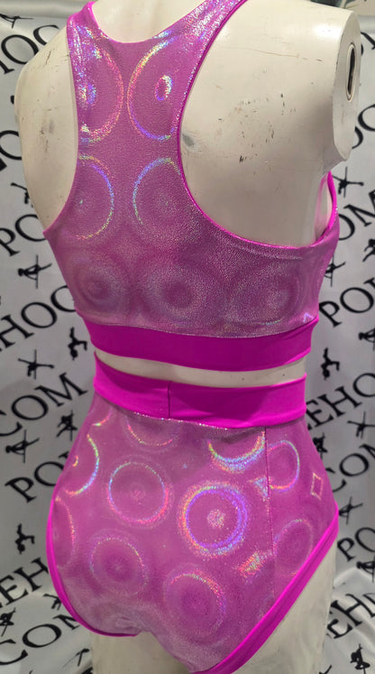 Hawaiian pink disco high waisted fitted pant. Full