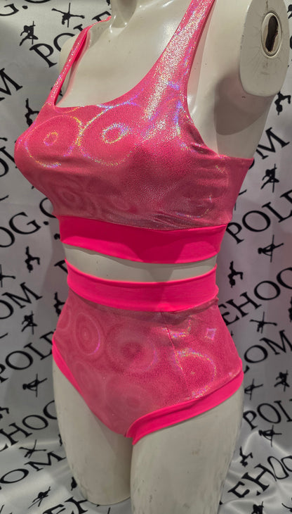 Coral disco high waisted fitted pant. Full